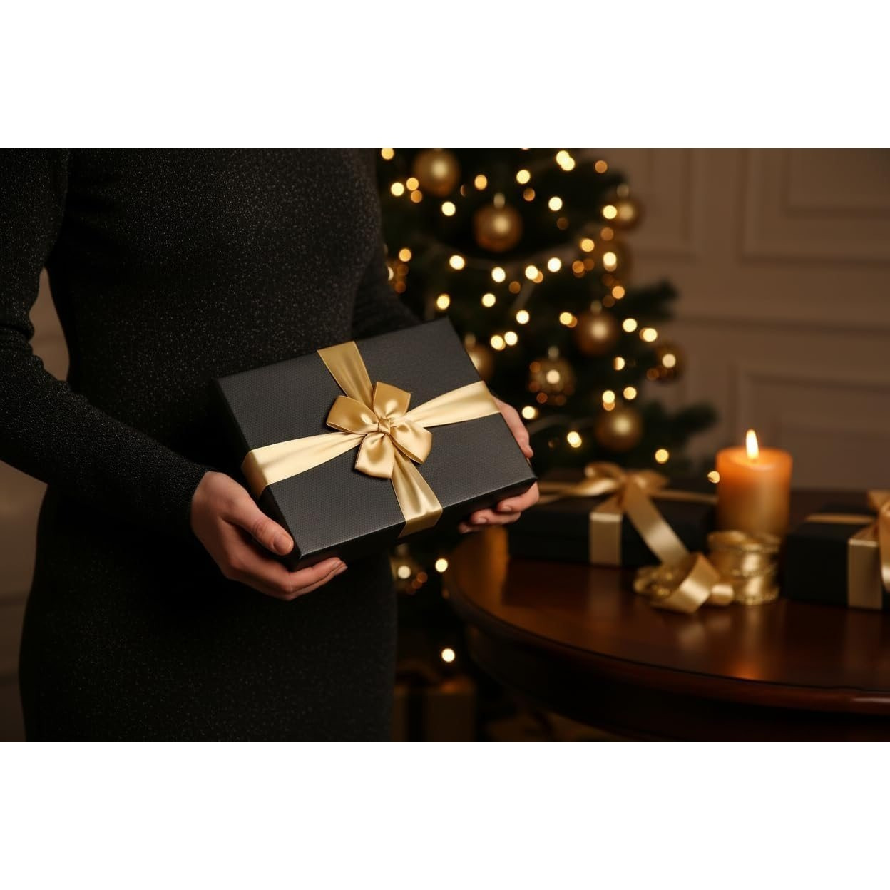 Emartbuy Black Rigid Gift Box with Ribbon, Rectangular Quality